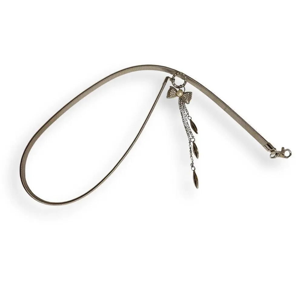 Silver Round Crystal Bow Buckle Metal Adjustable Fashion Cinch Belt - NEW